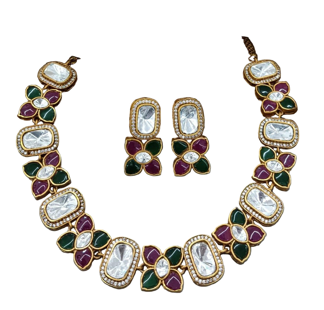 artificial flower red and green stone necklace with matching earrings for women on occasion of diwali/ anniversary/ wedding